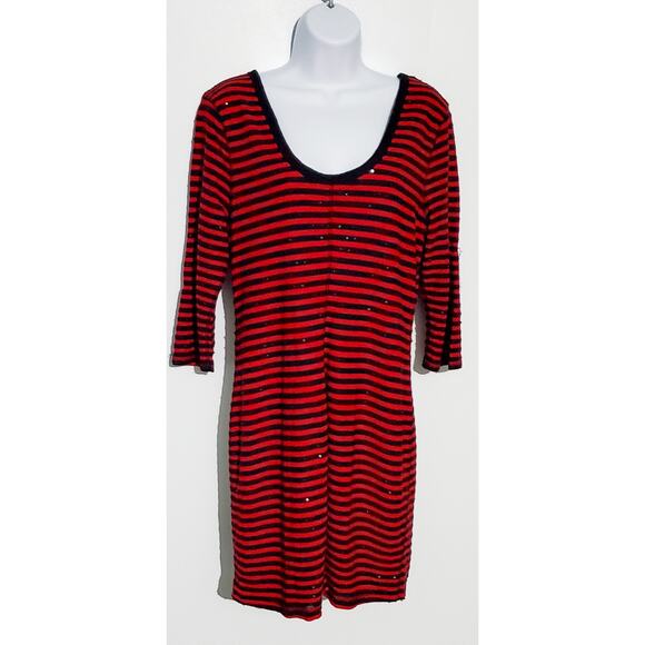 Express Womens Red Striped Sequin Mini Dress Size Large Bodycon Sexy Holidays - Picture 2 of 6